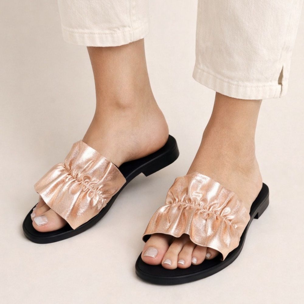 Shellys London Rose Gold Ruffle Slides Sz 37 or 7 Metallic Dulcinea Sandals NWT